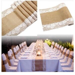 Four Burlap with lace table runner. Only wrinkled from storage.